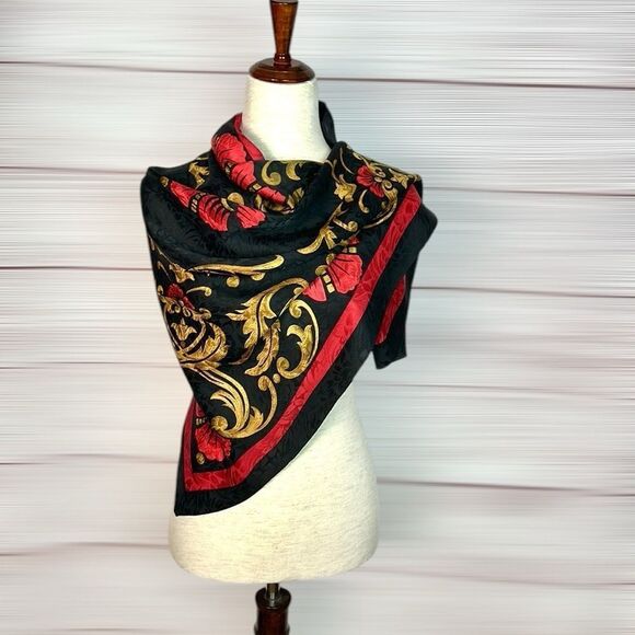 Vtg Linda Allard Ellen Tracy Silk Square Scarf Black Red Gold 35x35” Excellent - Picture 5 of 12